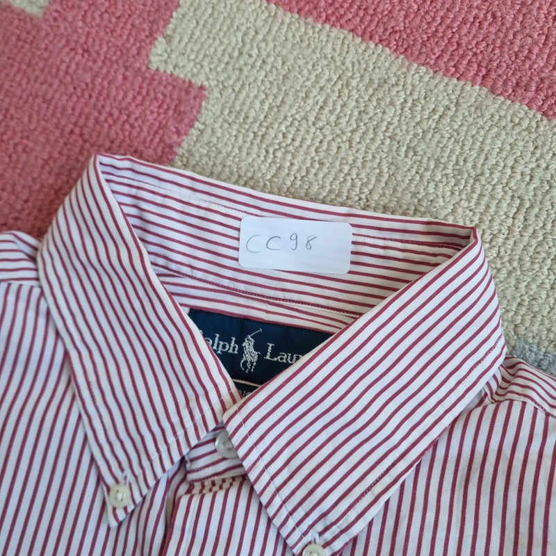 Vintage Ralph Lauren Boxy Fit Cropped Shirt Long Sleeve Large Striped red Button Up Skater Y2K