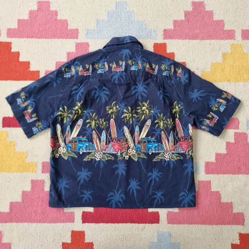 Vintage hawaii Boxy Fit Cropped Shirt Short Sleeve large print Blue Button Up Skater Y2K Surf