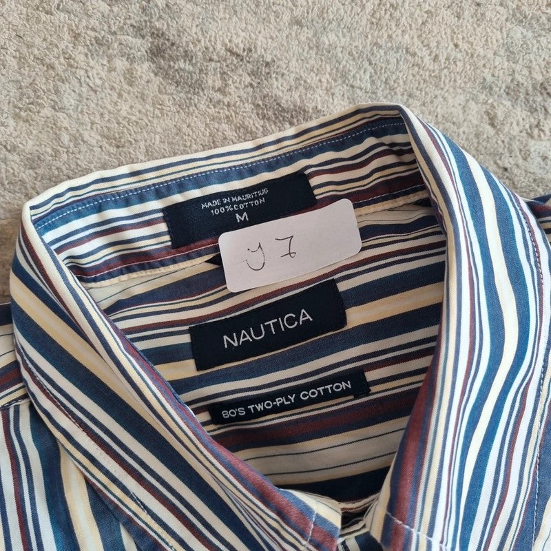 Vintage Nautica Boxy Fit Cropped Shirt Long Sleeve Medium striped multi Button Up Skater Y2K Surf
