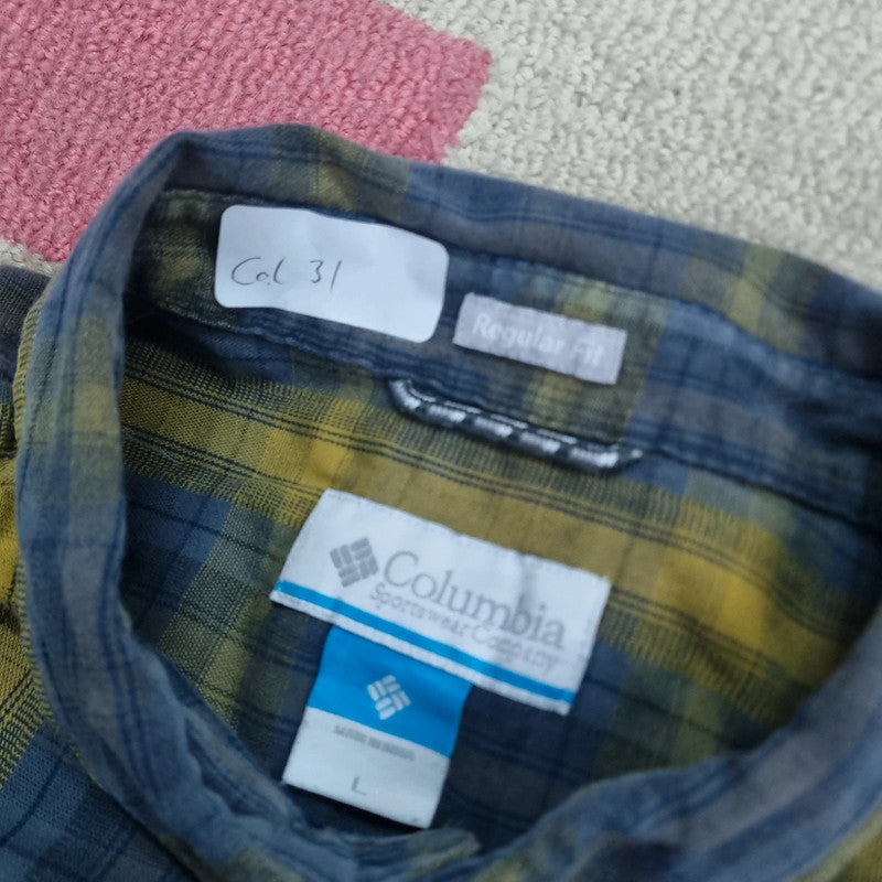 Vintage Columbia Boxy Fit Cropped Shirt Long Sleeve Large Check Blue Button Up Skater Y2K Surf