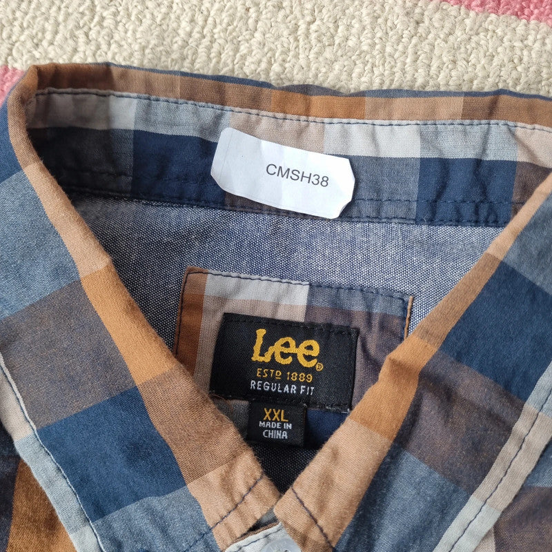 Lee Boxy Fit Cropped Shirt short Sleeve XL check brown blue Button Up Skater Y2K Surf