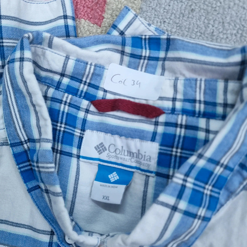 Vintage Columbia Boxy Fit Cropped Shirt Long Sleeve XXL Check Blue Button Up Skater Y2K Surf