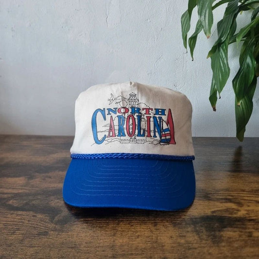 Vintage American Trucker Hat Snapback cap one size adjustable cream blue north Carolina