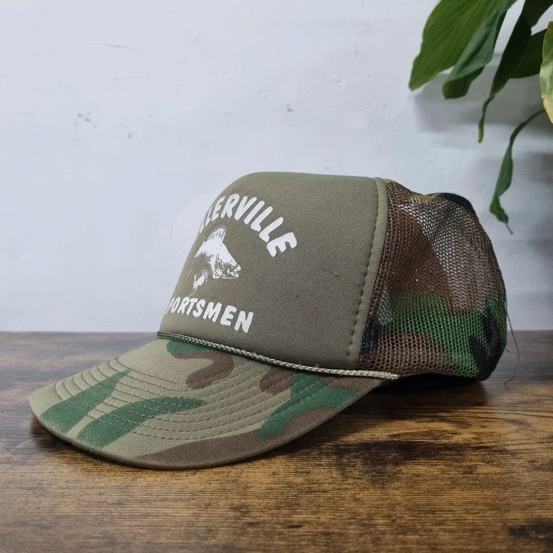 Vintage American Trucker Hat Snapback cap one size adjustable khaki camo fishing millerville fish
