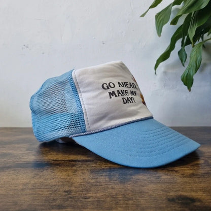 Vintage American Trucker Hat Snapback cap one size adjustable blue white make my day