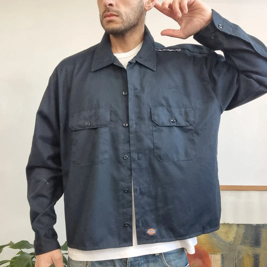 Vintage Dickies Boxy Fit Cropped Shirt Long Sleeve XL plain Blue Button Up Skater Y2K Surf