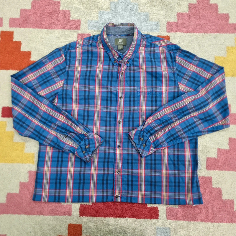 Vintage Timberland Boxy Fit Cropped Shirt Long Sleeve XL check Blue Button Up Skater Y2K Surf