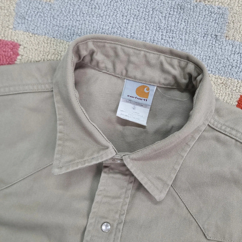 Vintage Carhartt Boxy Fit Cropped Over Shirt shacket Sleeve Medium plain Beige Button Up