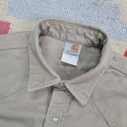 Vintage Carhartt Boxy Fit Cropped Over Shirt shacket Sleeve Medium plain Beige Button Up
