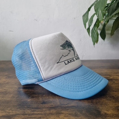 Vintage American Trucker Hat Snapback cap one size adjustable blue white fish lake anna