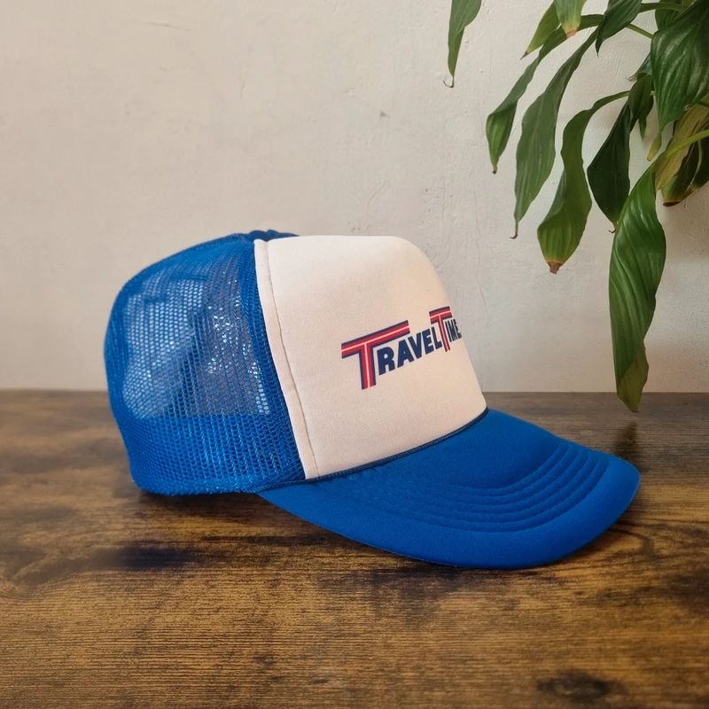 Vintage American Trucker Hat Snapback cap one size adjustable white blue travel time