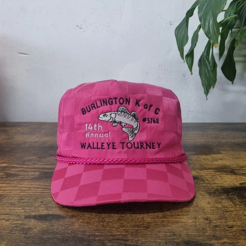 Vintage American Trucker Hat Snapback cap one size pink Burlington Fish tournament