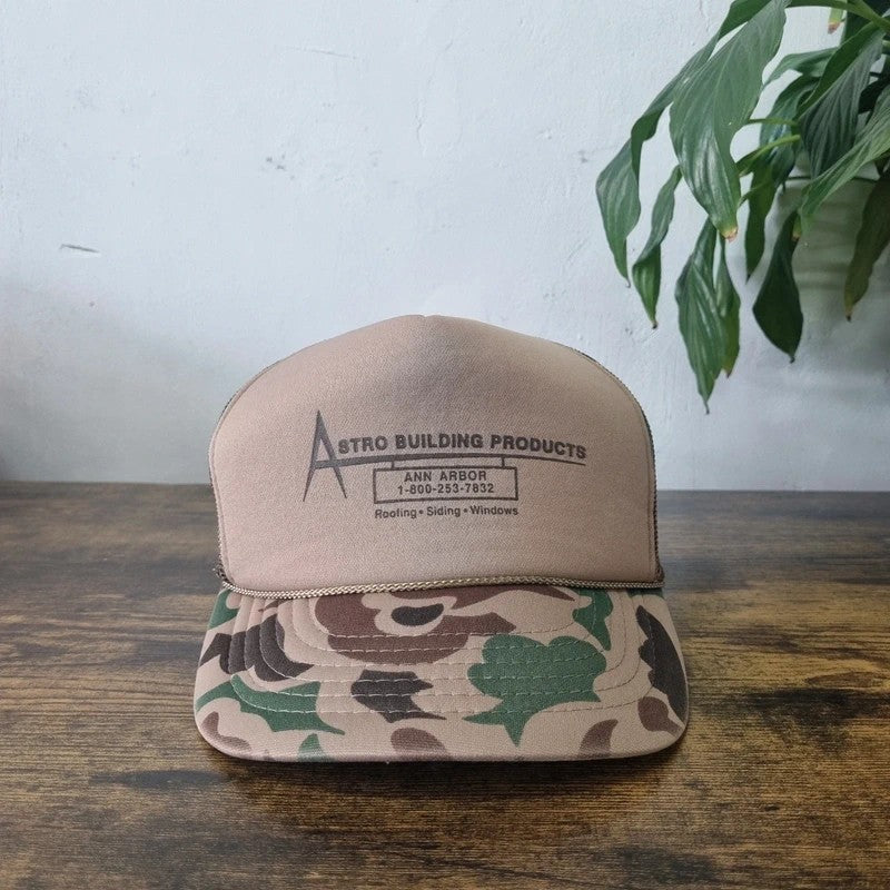 Vintage American Trucker Hat Snapback cap one size adjustable brown camo astro building products