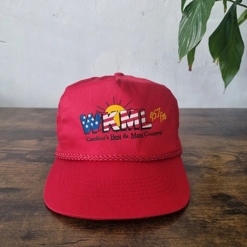 Vintage American Trucker Hat Snapback cap one size adjustable red WKML radio 95.7 FM