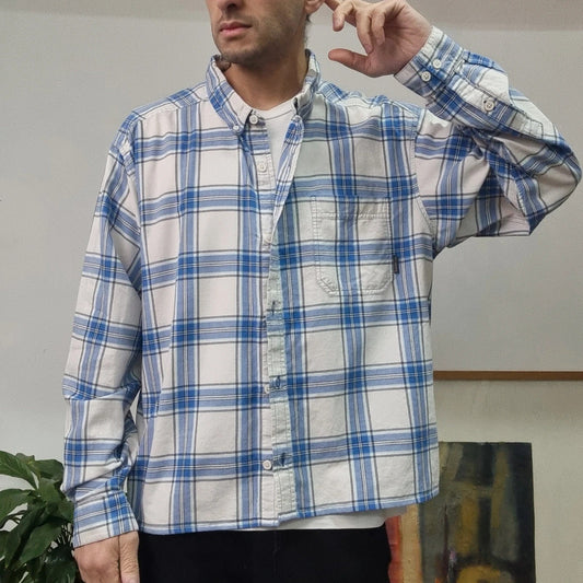 Vintage Columbia Boxy Fit Cropped Shirt Long Sleeve XXL Check Blue Button Up Skater Y2K Surf
