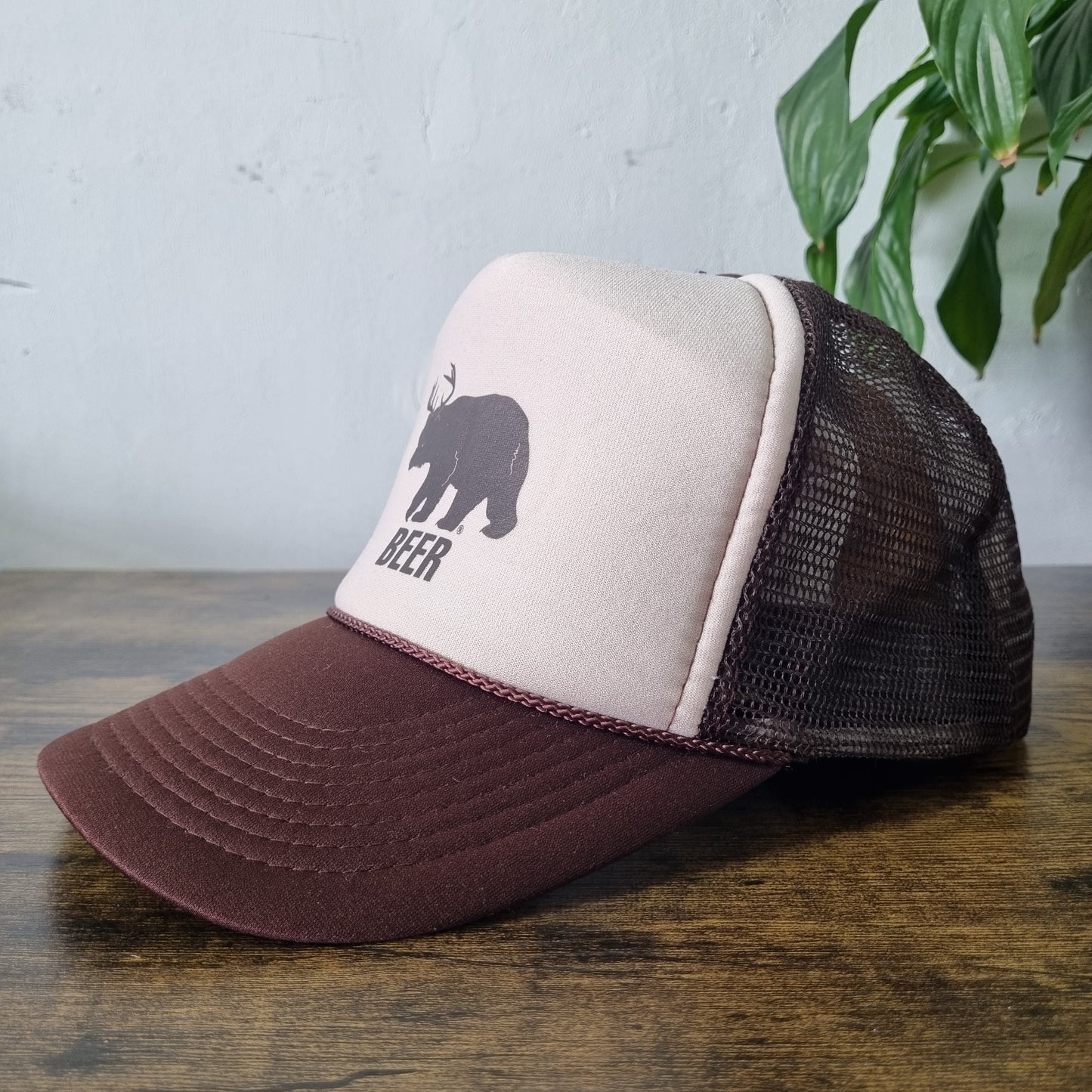 Vintage American Trucker Hat Snapback cap one size adjustable Beige Brown Beer