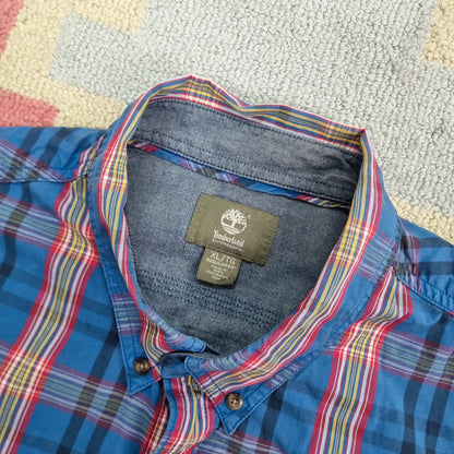 Vintage Timberland Boxy Fit Cropped Shirt Long Sleeve XL check Blue Button Up Skater Y2K Surf