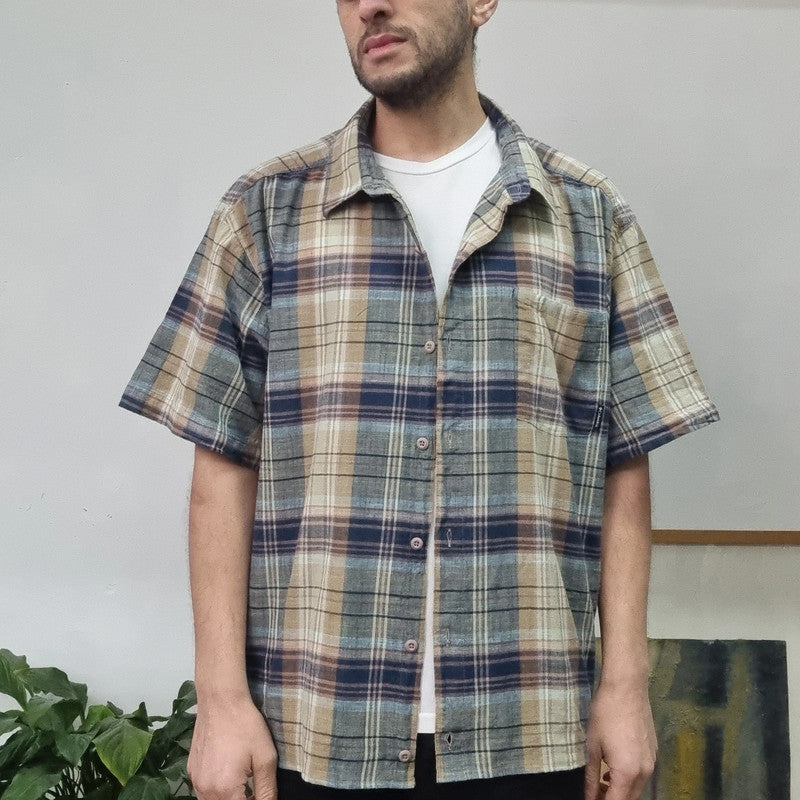 Vintage Columbia Boxy Fit Cropped Shirt short Sleeve XXL Check green Button Up Skater Y2K Surf