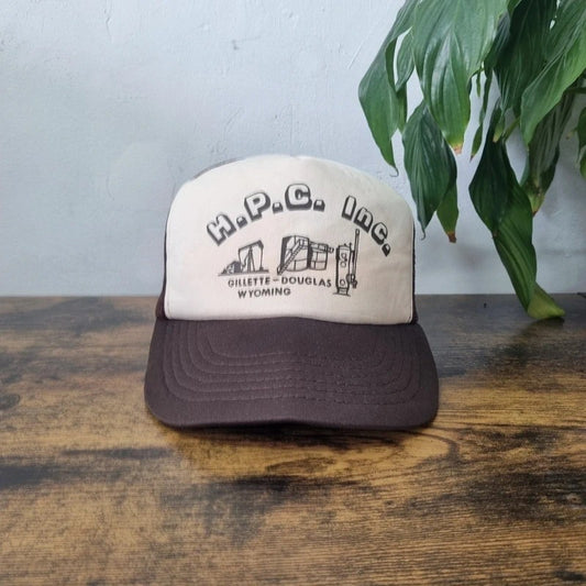 Vintage American Trucker Hat Snapback cap one size adjustable beige brown industrial oil machinery