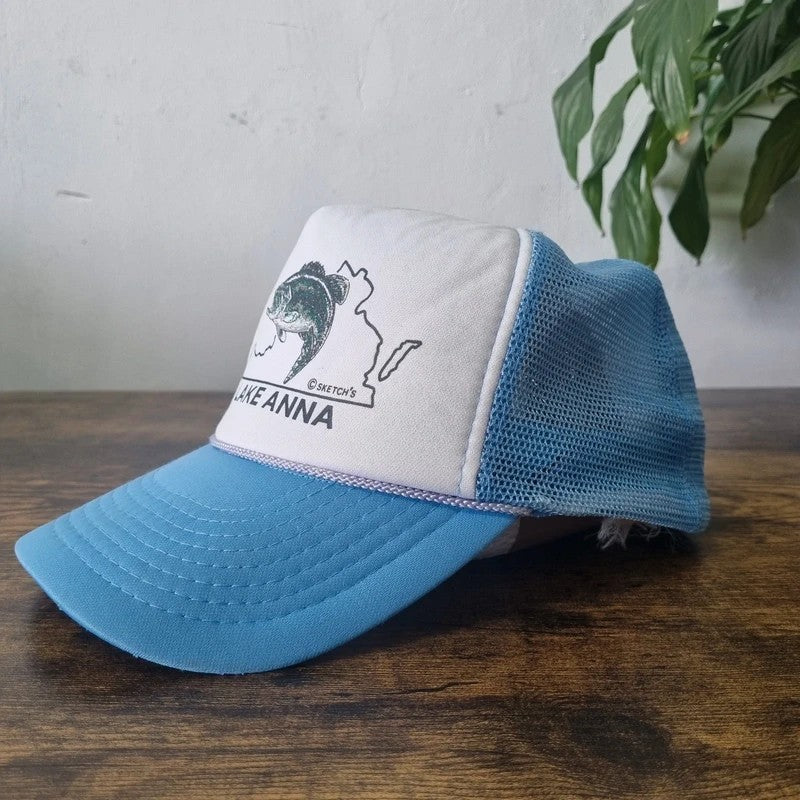 Vintage American Trucker Hat Snapback cap one size adjustable blue white fish lake anna