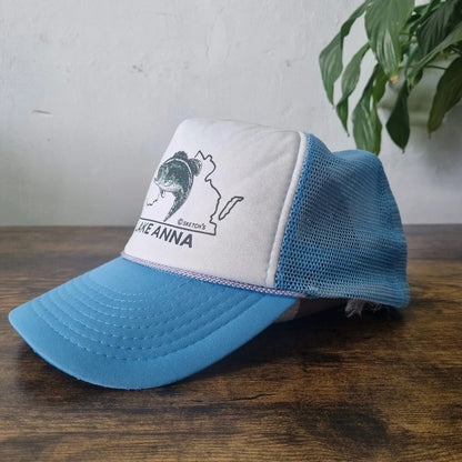 Vintage American Trucker Hat Snapback cap one size adjustable blue white fish lake anna