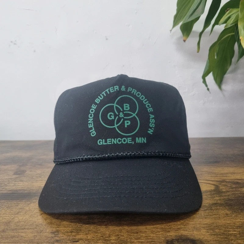 Vintage American Trucker Hat Snapback cap one size adjustable black Glencoe Butter & Produce