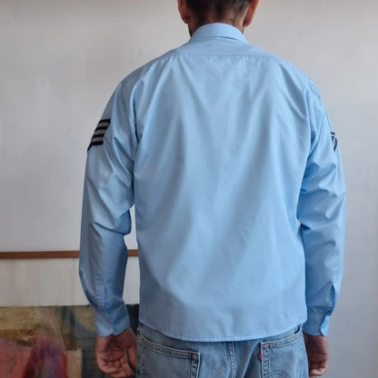 Vintage military Army Boxy Fit Cropped Shirt Long Sleeve medium plain Blue Button Up Skater Y2K