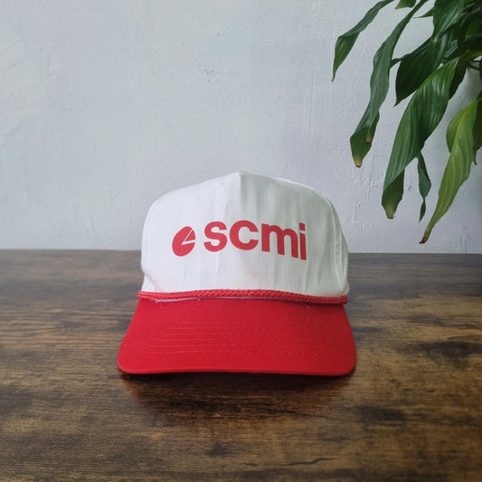 Vintage American Scmi Trucker Hat snapback cap one size adjustable red white 90s rope