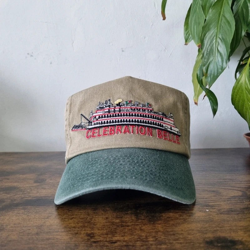 Vintage American Trucker Hat Snapback cap one size adjustable beige green ship belle