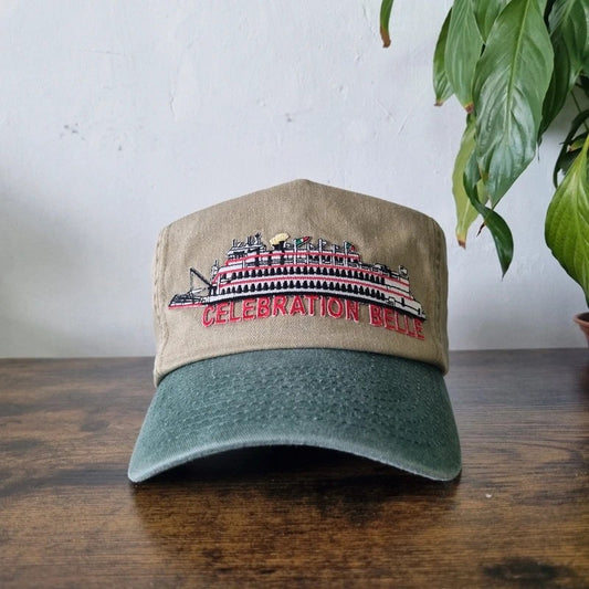 Vintage American Trucker Hat Snapback cap one size adjustable beige green ship belle