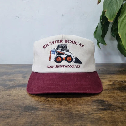 Vintage American Baseball Hat Snapback cap one size adjustable cream burgundy bobcat skit loader