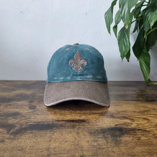 Vintage American Baseball Hat Snapback cap one size adjustable Fleur de Lis green khaki
