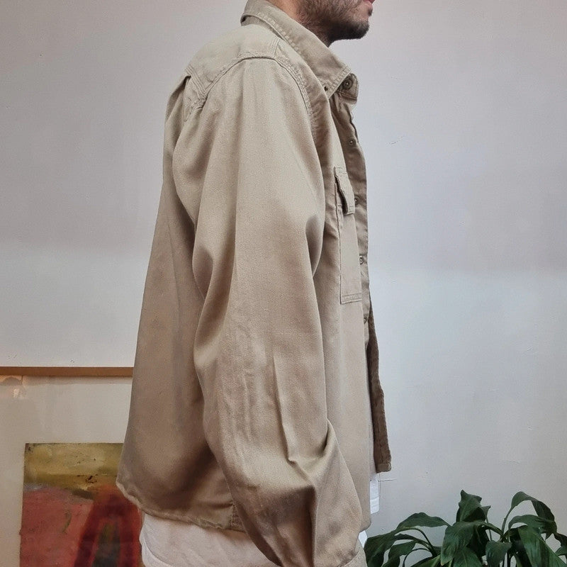 Vintage Carhartt FR Boxy Fit Cropped Shirt Long Sleeve XL plain Beige Button Up Skater Y2K Surf
