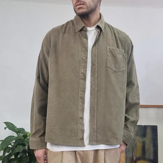 Vintage Corduroy Boxy Fit Cropped Shirt Long Sleeve medium plain green Button Up Skater Y2K Surf