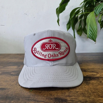 Vintage American Trucker Hat Snapback cap one size adjustable grey rolling oaks ranch