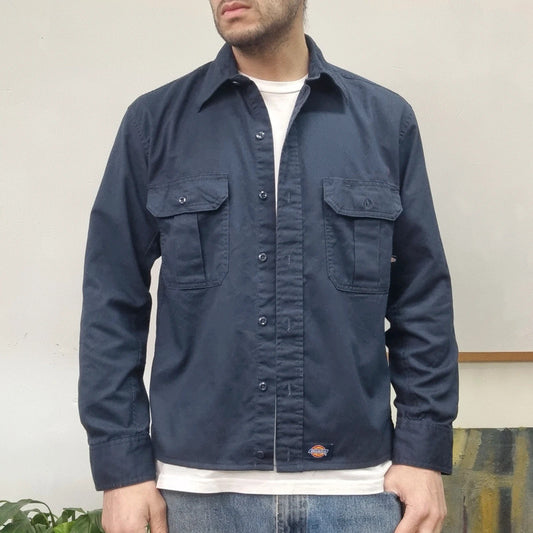 Vintage Dickies Boxy Fit Cropped Shirt long Sleeve Medium plain Blue Button Up Skater Y2K Surf