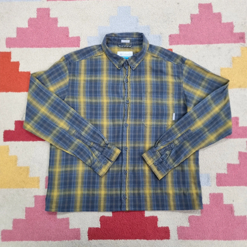 Vintage Columbia Boxy Fit Cropped Shirt Long Sleeve Large Check Blue Button Up Skater Y2K Surf