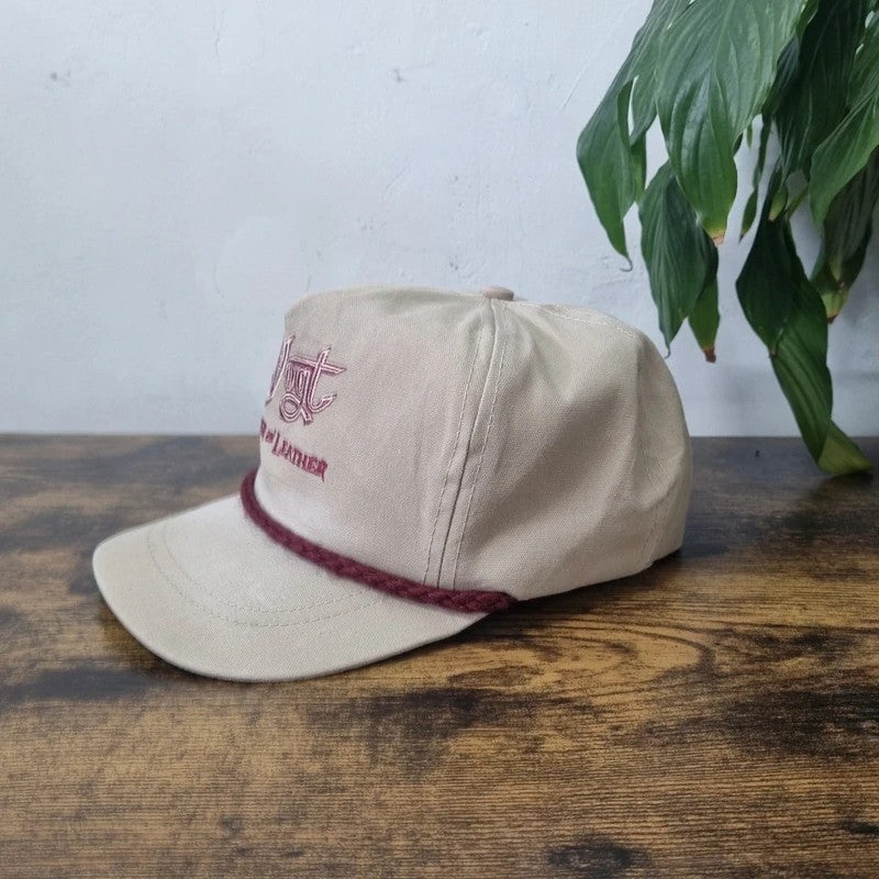Vintage American Trucker Hat Snapback cap one size adjustable beige silver and leather