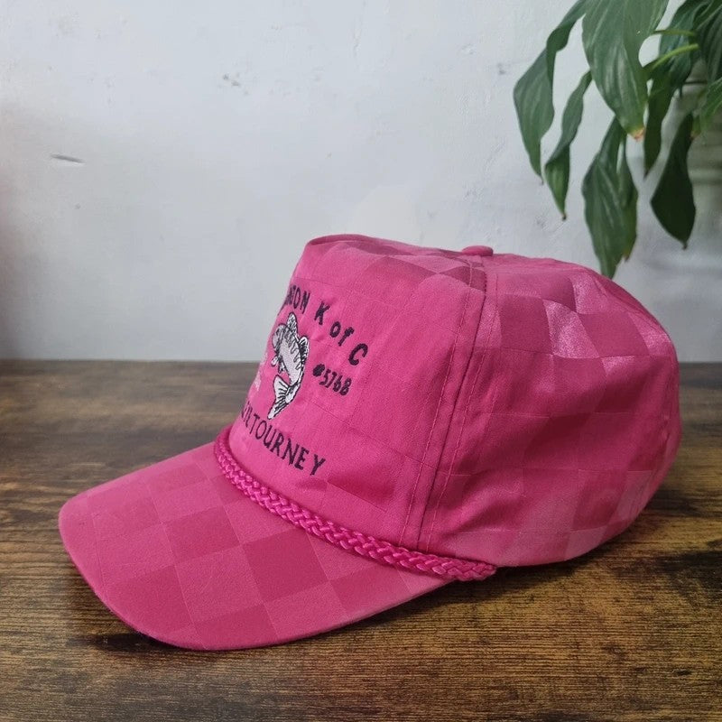 Vintage American Trucker Hat Snapback cap one size pink Burlington Fish tournament