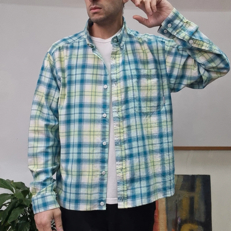Vintage Columbia Boxy Fit Cropped Shirt Long Sleeve XL Check Blue Button Up Skater Y2K Surf