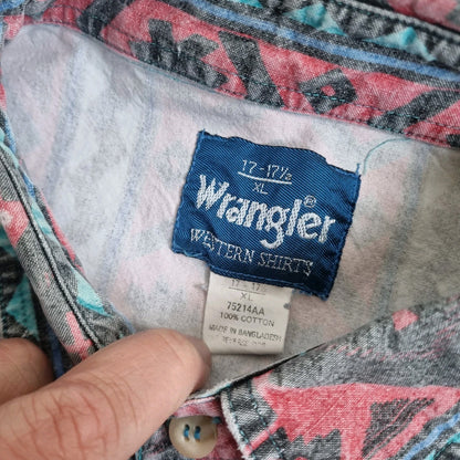 Wrangler Shirt Adult XL 17 17.5 Blue Brushpopper Striped Aztec Rodeo Western