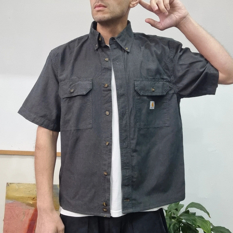 Carhartt Boxy Fit Cropped Shirt Short Sleeve Medium plain Black Button Up Skater Y2K Surf