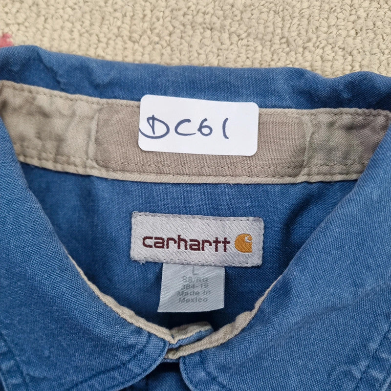 Vintage Carhartt Boxy Fit Cropped Shirt Short Sleeve large plain Blue Button Up Skater Y2K Surf