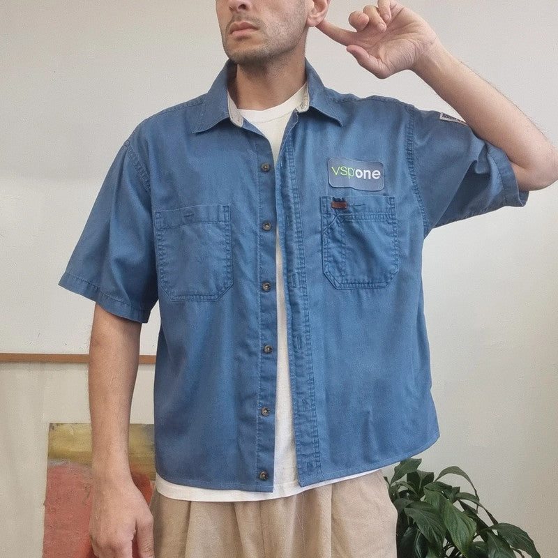 Vintage Carhartt Boxy Fit Cropped Shirt Short Sleeve large plain Blue Button Up Skater Y2K Surf