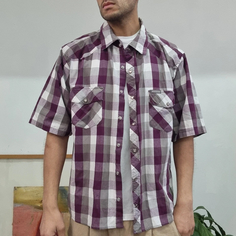 Dickies Boxy Fit Cropped Shirt Short Sleeve large check purple white Button Up Skater Y2K Surf