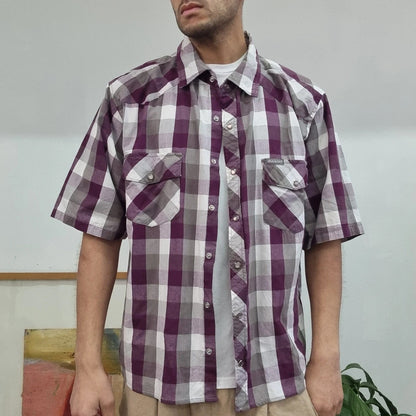 Dickies Boxy Fit Cropped Shirt Short Sleeve large check purple white Button Up Skater Y2K Surf