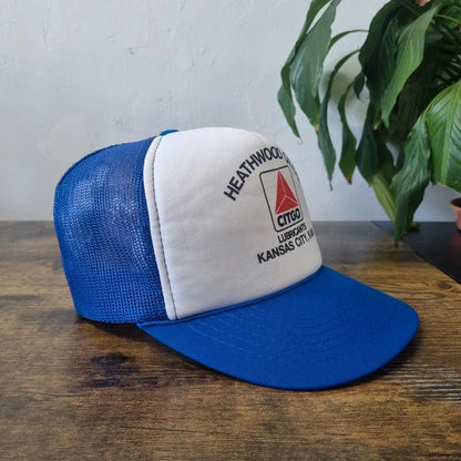 Vintage American Trucker Hat Snapback cap one size adjustable blue white heartwood oil kansas