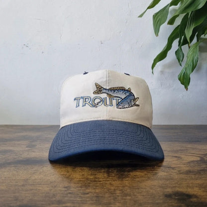 Vintage American Baseball Hat Snapback cap one size adjustable cream blue trout fish