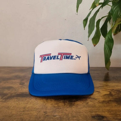 Vintage American Trucker Hat Snapback cap one size adjustable white blue travel time