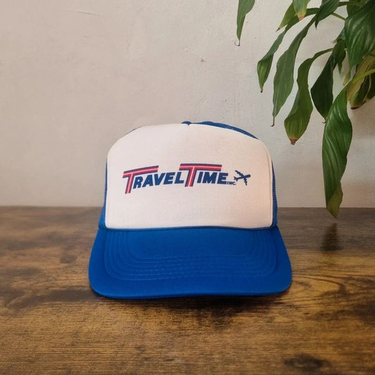 Vintage American Trucker Hat Snapback cap one size adjustable white blue travel time